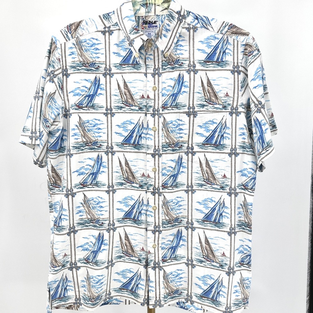 Reyn Spooner Button Down Shirt M Sailboat Nautical Hawaiian Traditionals Blue